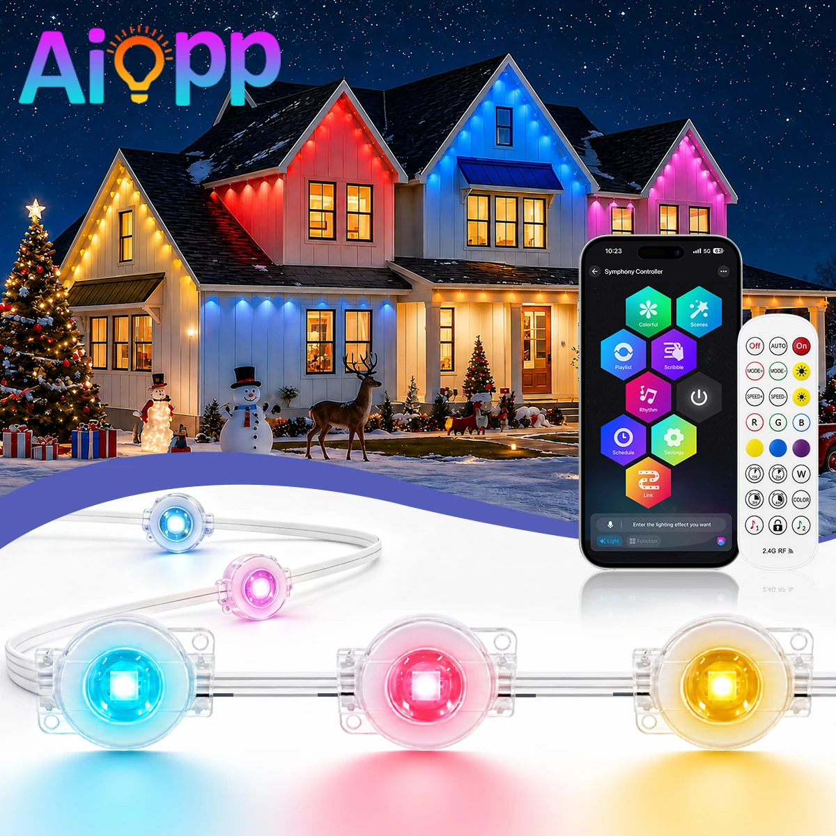 Dauerhafte Außenbeleuchtung mit APP/Fernbedienung, IP67 wasserdicht, Sprach- und Musik-Synchronisation, DIY-Szenen-RGBIC-Smart-LED-Lichterkette für Party, Haus, Außenbereich, Weihnachts- und