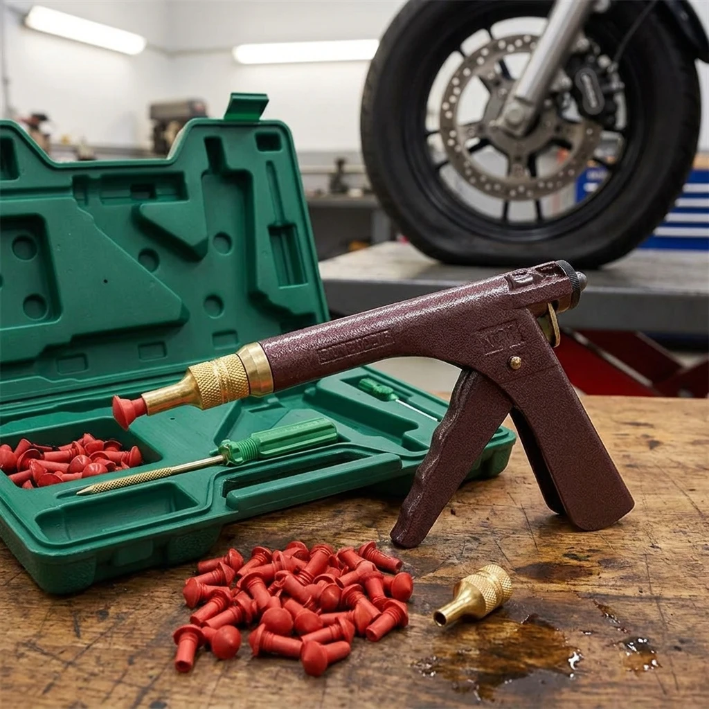 Kit de réparation professionnel de pneus sans chambre à air pour voiture, moto et vélo, pistolet de réparation de pneus sous vide, kit de réparation de fuites pour pneus de voiture et de moto.