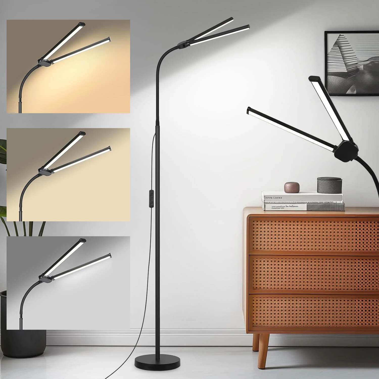 Doppelkopf-LED-Stehlampe mit Wechselbarer Leselampe, 3 Farbtemperaturen und Flexiblem Schwanenhals für Wohnzimmer, Arbeitszimmer und Werkbank
