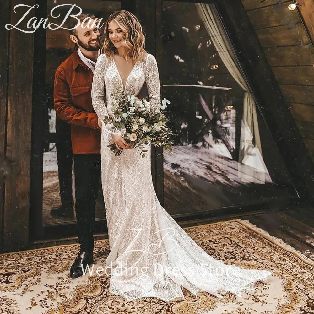 ZanBan Customized Long Sleeves Floral Lace V Neck Boho Wedding Dress Deep V Neck Open Back Modest Rustic Civil Bridal Gown 2025