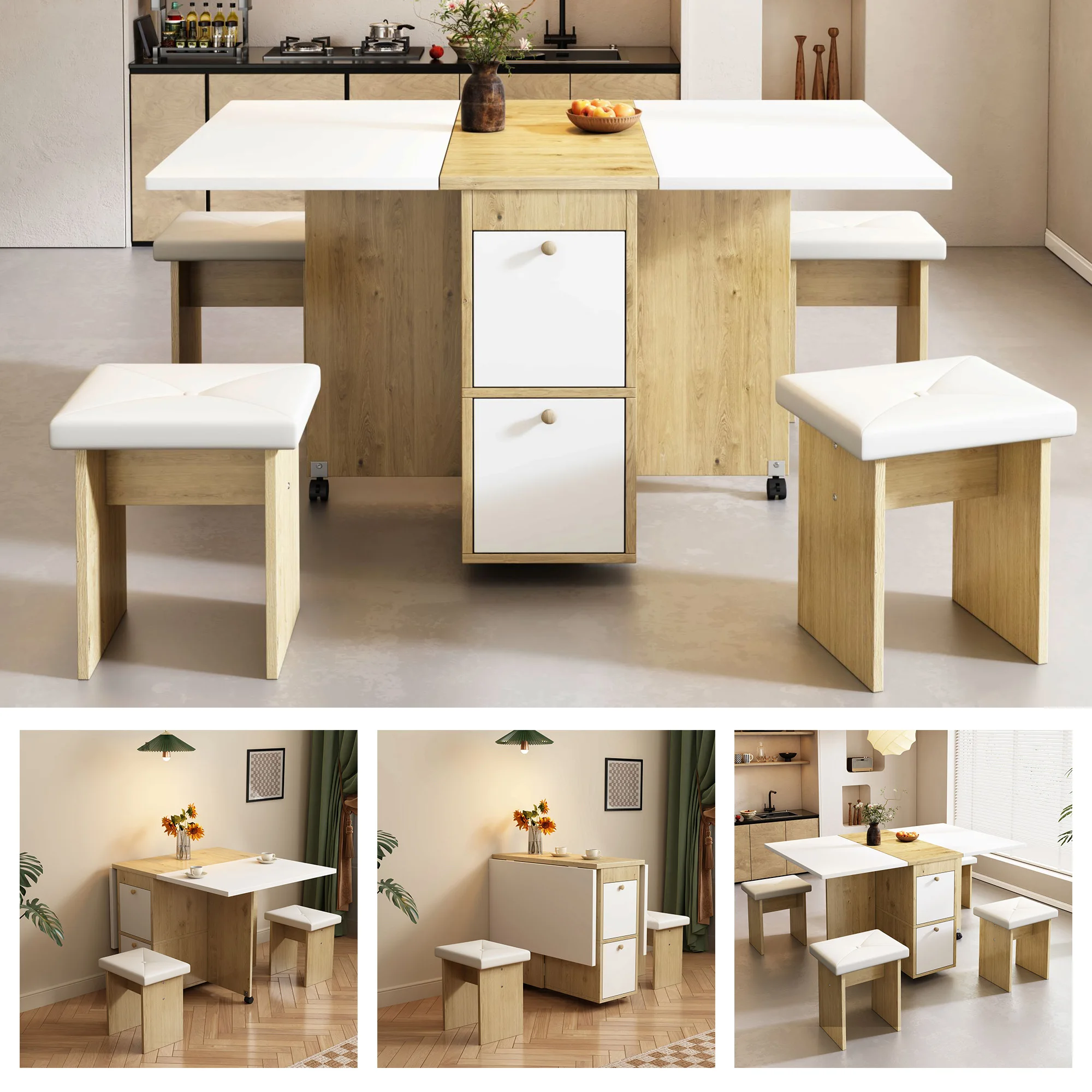 Esstisch-Set (mit Esstisch, 4 Stühlen), klappbarer Esstisch, 120*80*75cm, ausziehbarer Esstisch, multifunktional
