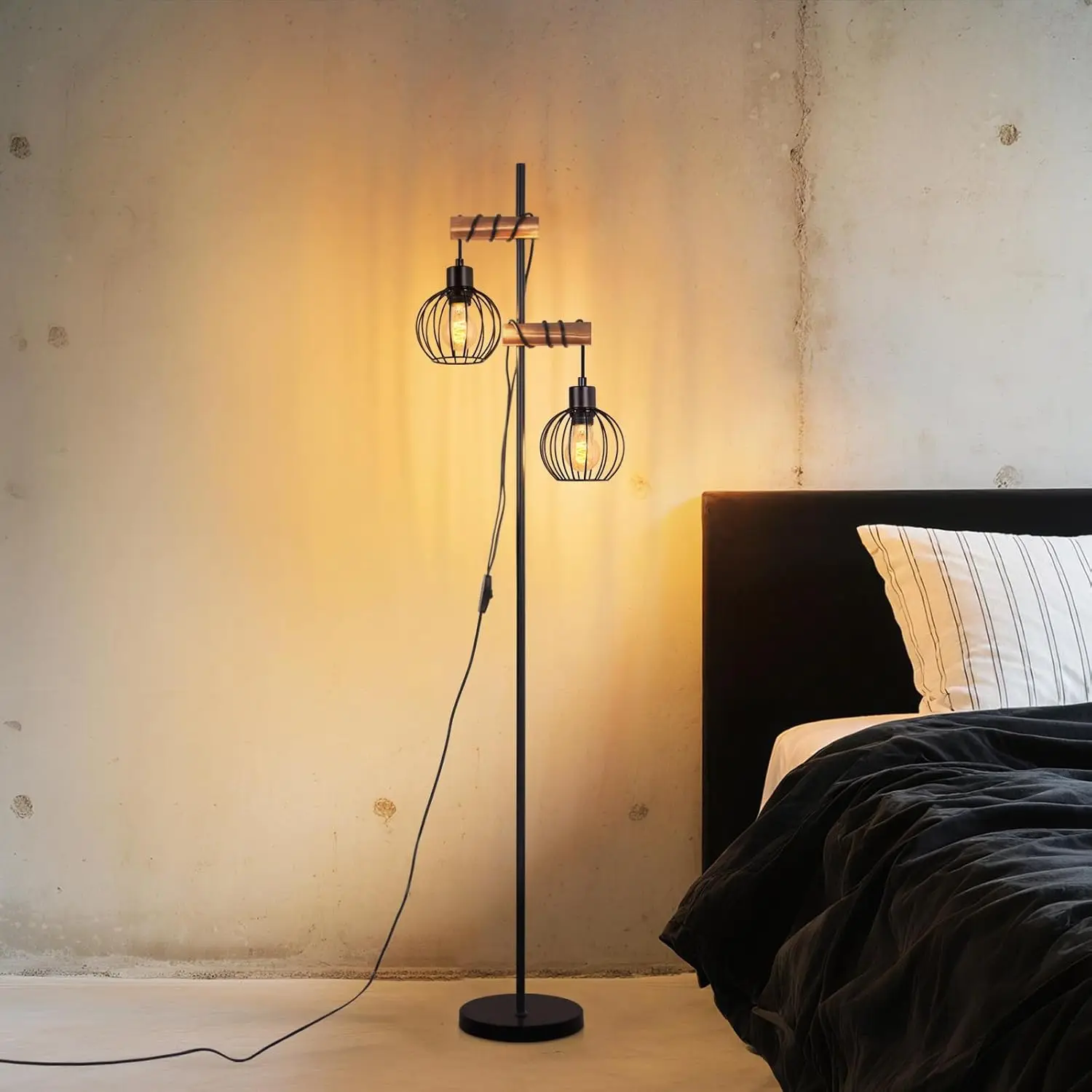 Stehlampe Holz Stehleuchte Wohnzimmer vintage - Schwarz Standleuchte 2 flammig im Industrial Design aus Metall mit Schalter E27 Fassung 152cm Retro Standlampe für Schlafzimmer (ohne Leuchtmittel)