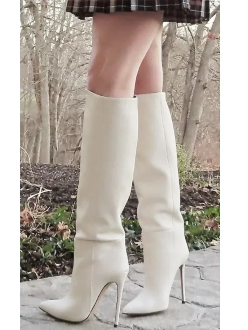 Weiß Elegante frauen Stiefel Spitze Zehen Schuhe Echt Leder Spleißen Lange Stiefel Thin High Heels Botas Femininas 2022 Herbst stiefel