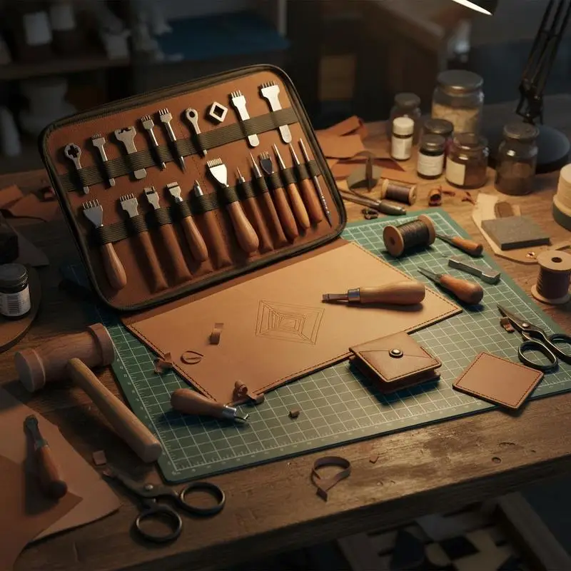 Ensemble d'outils pour le travail du cuir de 59 pièces avec sac de rangement en toile portable. Comprend des outils graphiques, des outils de poinçonnage, des outils de couture et des outils de