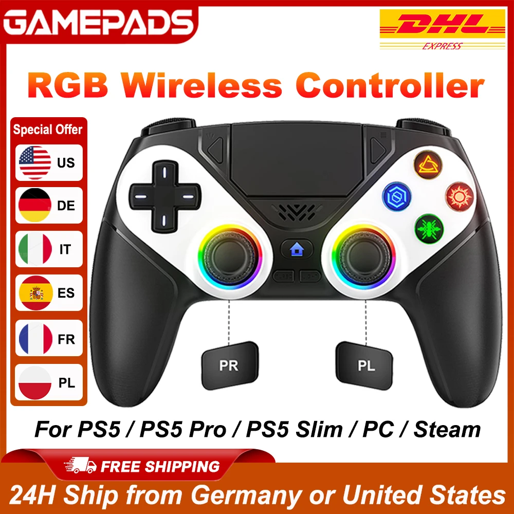 RGB Gamepad For Playstation 5/PS5 Pro/Slim/PC Wireless PS5 Controller 3D Game Joystick Dual Vibration Macro/Turbo Function