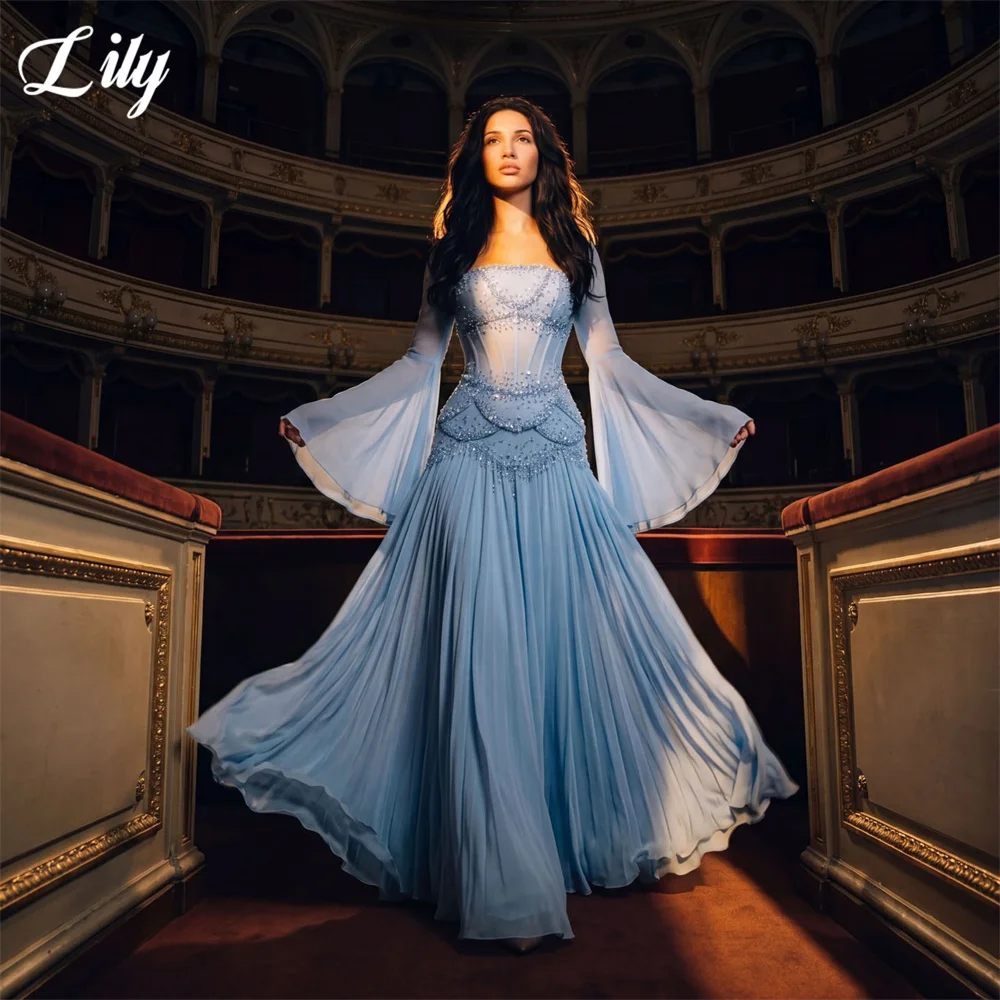 Lily Sky Blue A Line Party Dress Flare Bell Long Sleeve Evening Dress Crystal Beaded Formal Gown Chiffon Prom Gown Customized