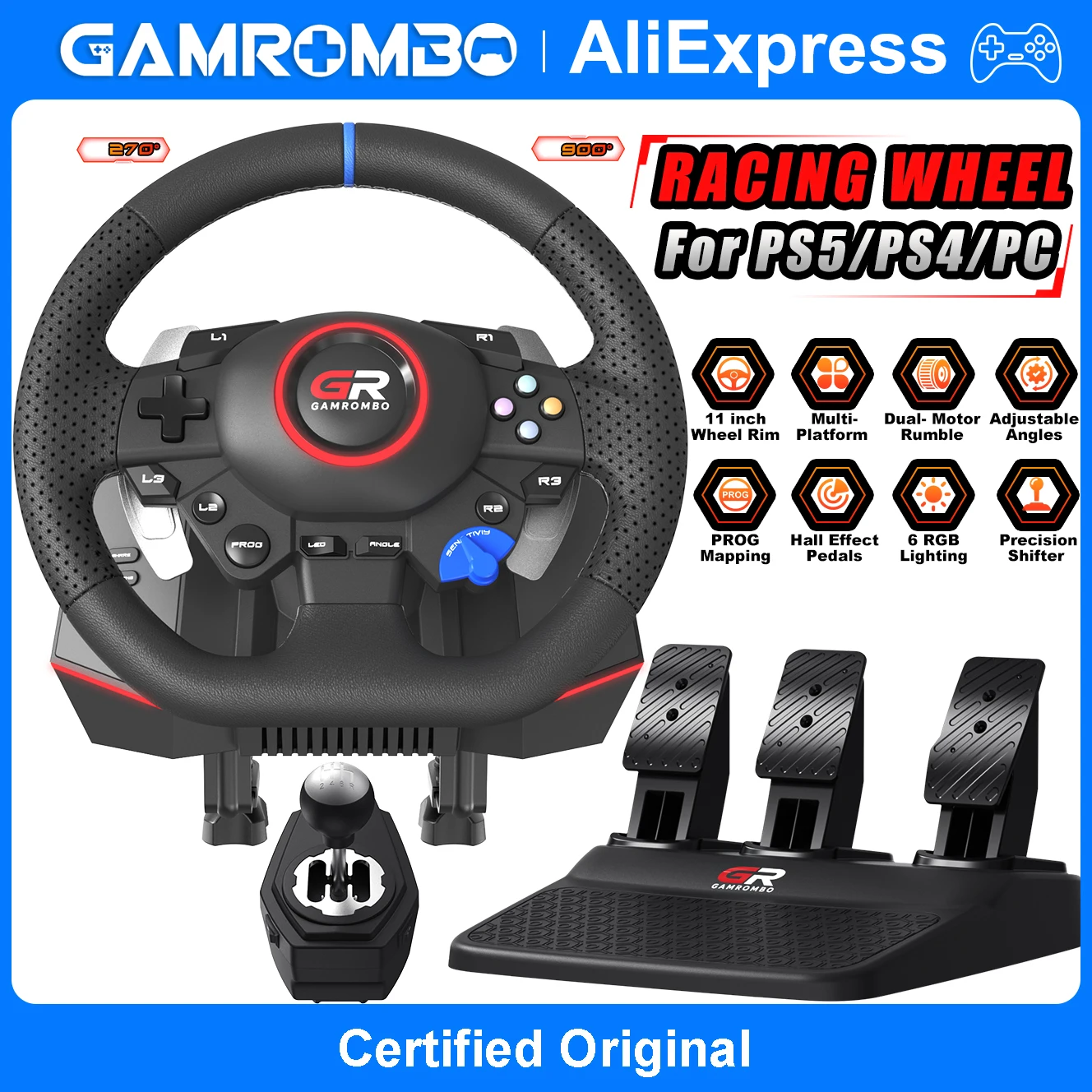 For Playstation 5 PS5/PS4/PC Game Racing Wheel,270°&900° RGB Dual Vibration Hall Effect Linear 3Pedal Gaming Steering Racing Sim