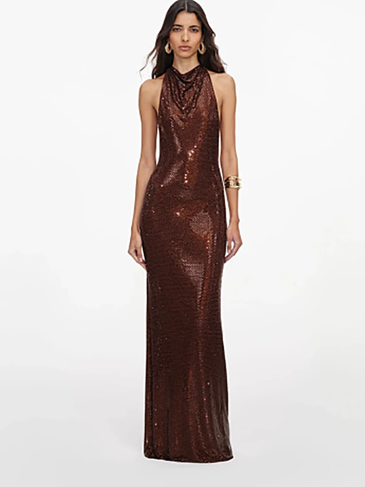 Sexy Halter Neck Glitter Dimaonds Long Dress Women Brown Sleeveless Backless Rhinestones Slim Dresses Evening Cocktail Gowns