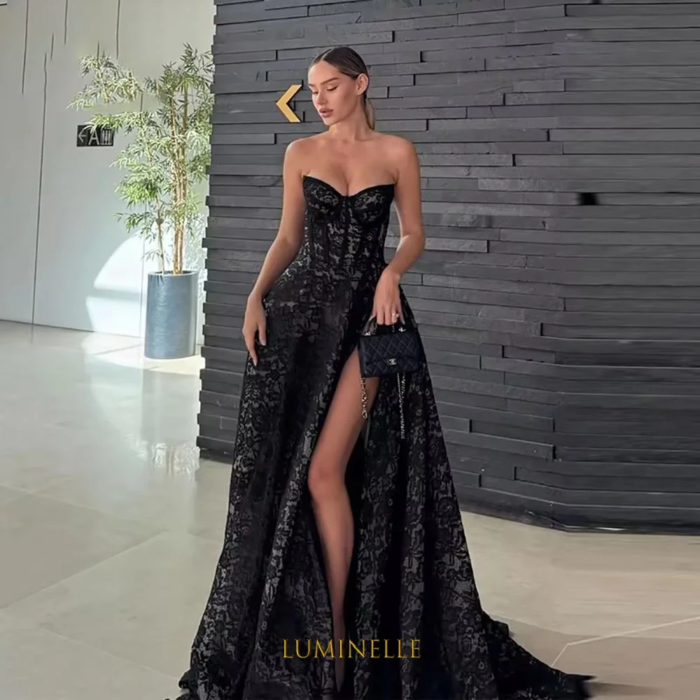 Black Lace Evening Dresses With Slit Strapless A-Line Sexy Women's Formal Evening Gowns Floor Length Prom Dress Customized