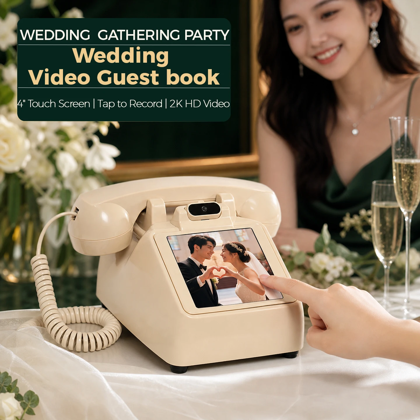 64G Retro Touch‑Screen Wedding Video Guest Book Telephone, All‑in‑One Guest Video Check‑in Message Machine for Parties