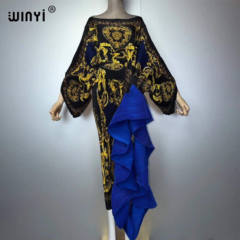 WINYI Summer Women's Pleated Slim Dress with Puff Sleeves Beach Cover up Muslim Kaftan Abaya Dubai Luxury Long Evening Dress
