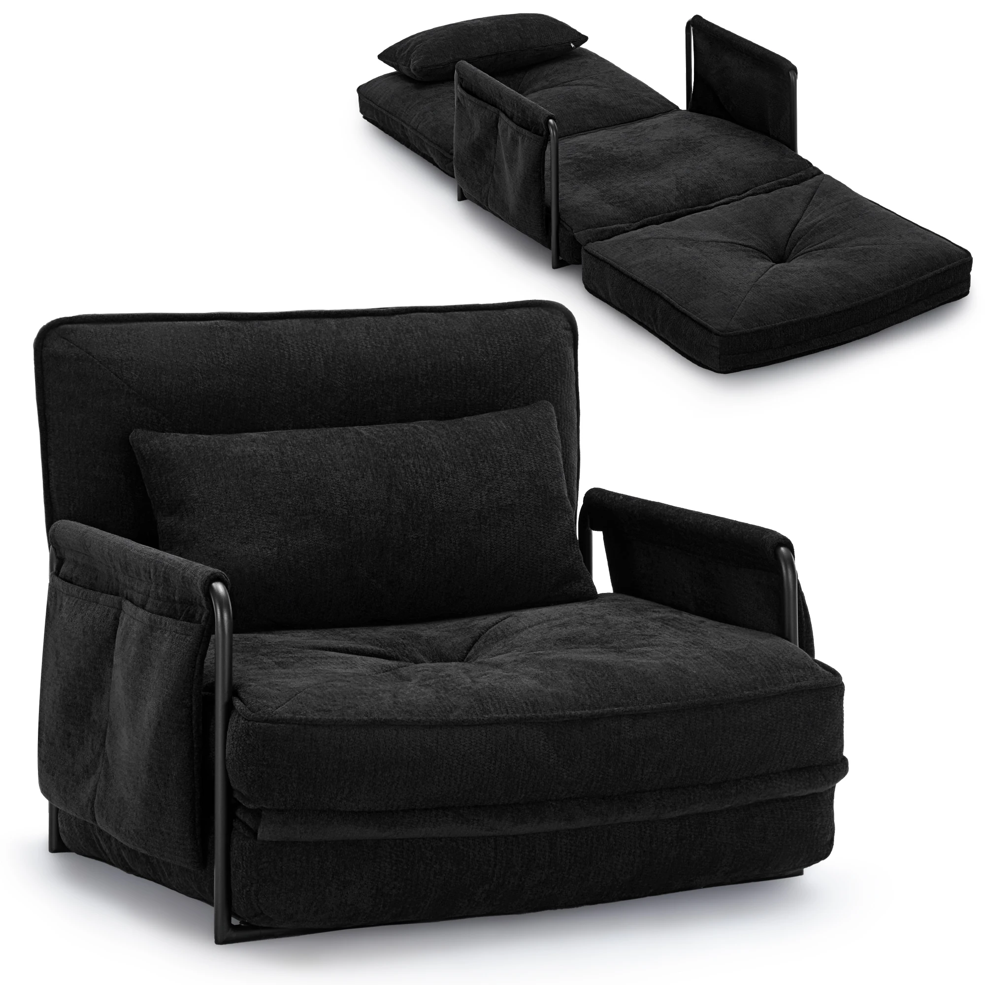 4-in-1 Verstellbares Boden-Sofabett, 5-fach Konvertierbarer Klapp-Loungesessel mit Armlehne & Seitentasche, Einzelnes Ausklappbares Schlafsofa für Wohnzimmer, Spielzimmer, Haustierzimmer,