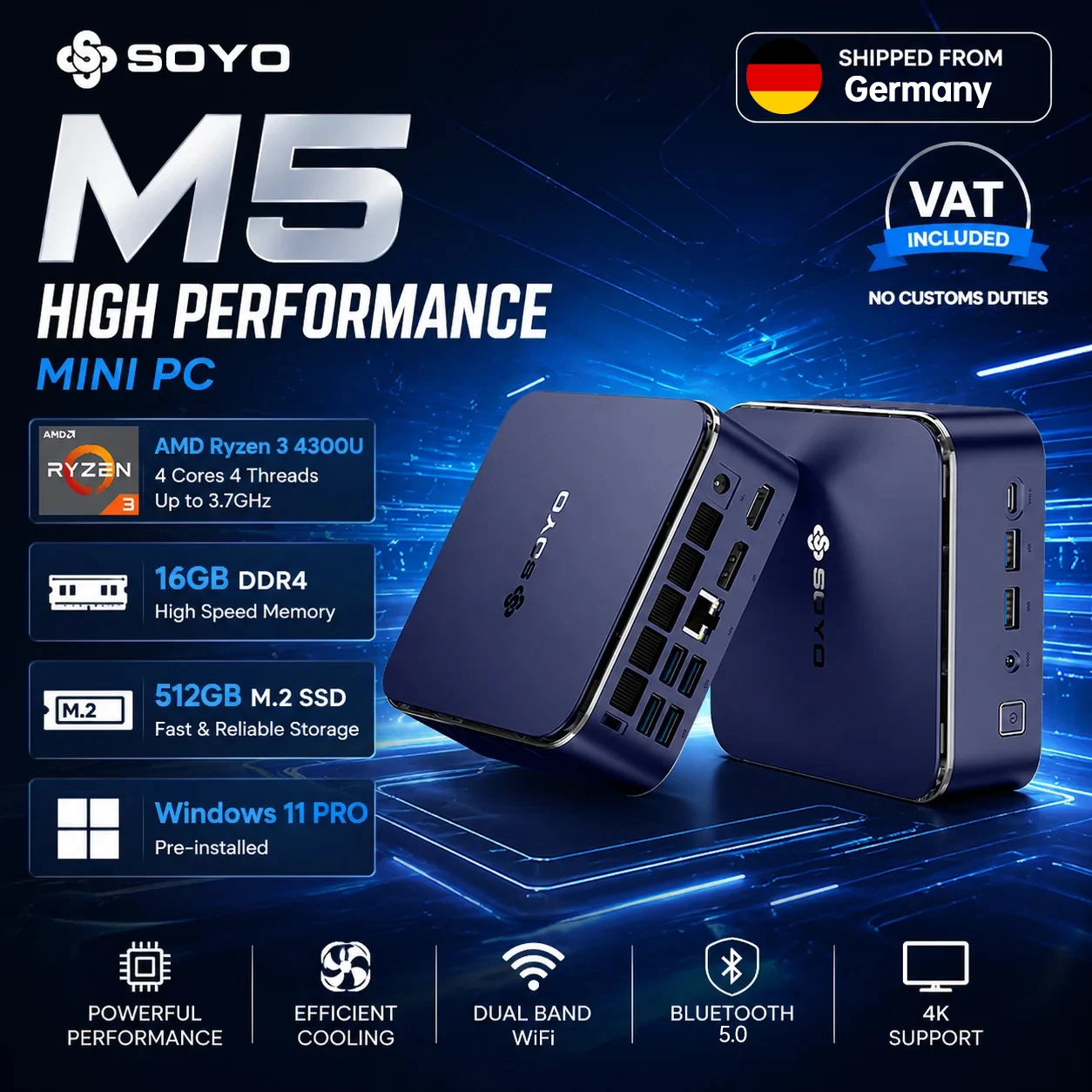SOYO M5 MINI PC Windows11AMD Ryzen 3 4300U DDR4 16GB RAM 512GB M.2 SSD Desktop-Computer BT5.0 WIFI5 HDMI TYPE-C USB Kompakter High-End-Mini-Computer für Business & Gaming