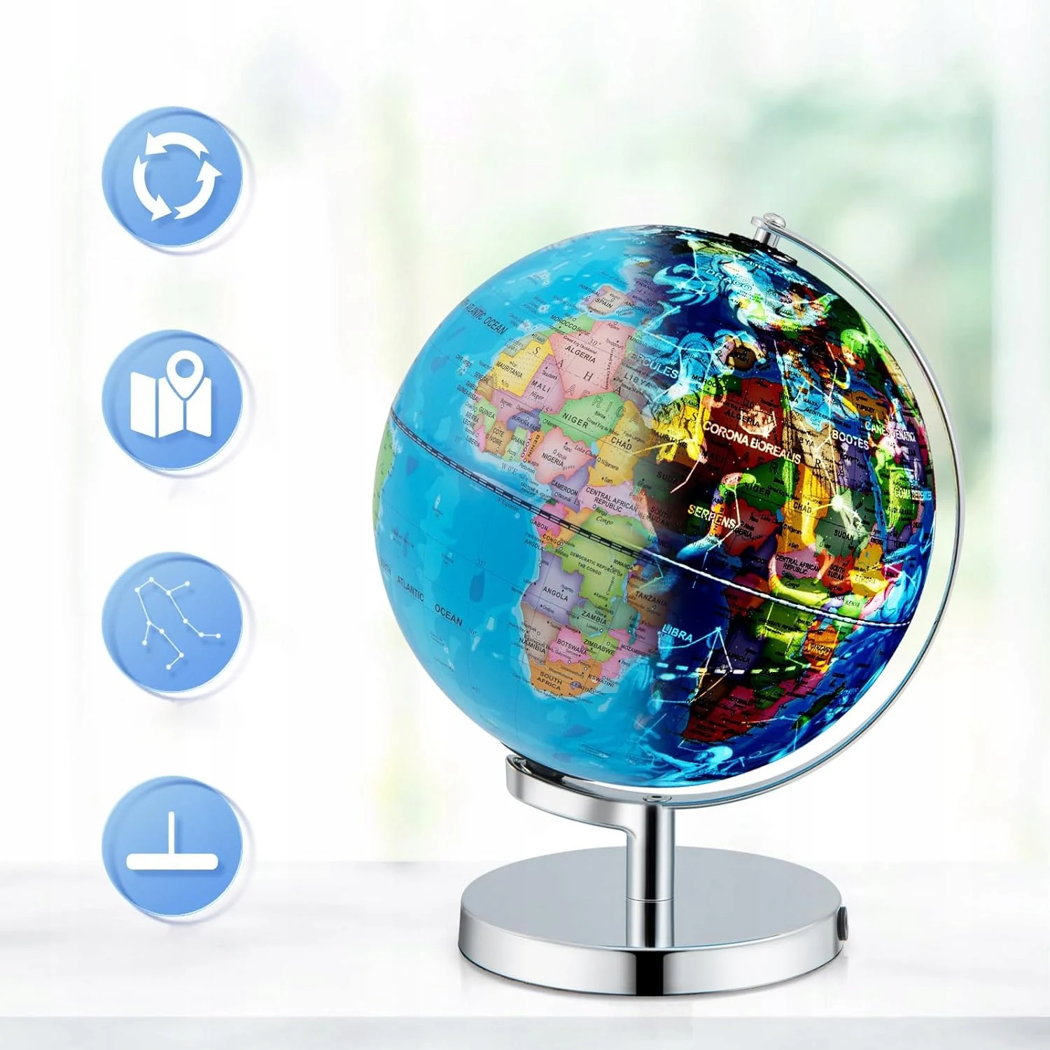 9,5 Zoll beleuchteter Globus, LED-Nachtlicht, rotierender Weltglobus mit Ständer, Sternbild-Geografie, Lernspielzeug, Schreibtischlampe für Kinder, Studium, Zuhause, Büro, Dekoration