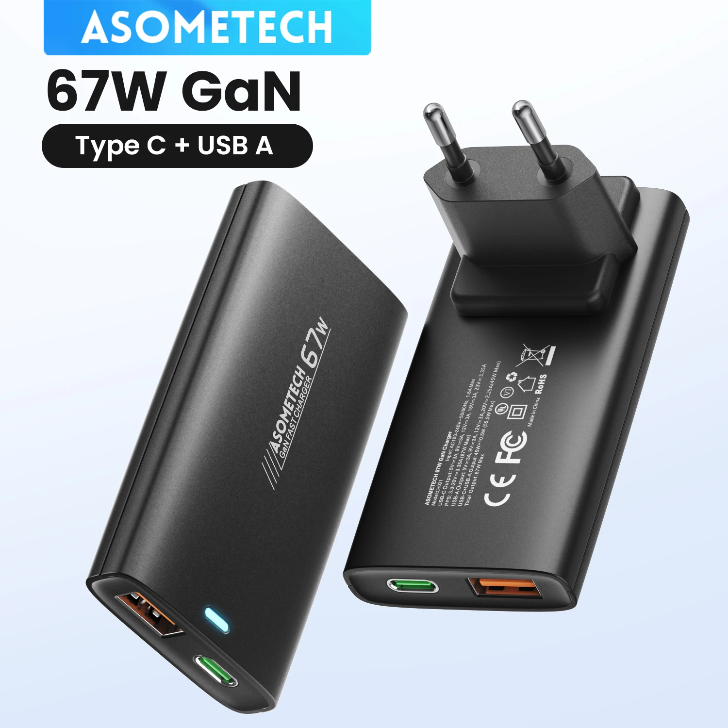 67W GaN USB-C-Ladegerät, schnelles Laden 4.0, PD3.0, PPS, tragbares, ultradünnes Typ-C-Ladegerät für iPhone, Samsung, Macbook, Laptop