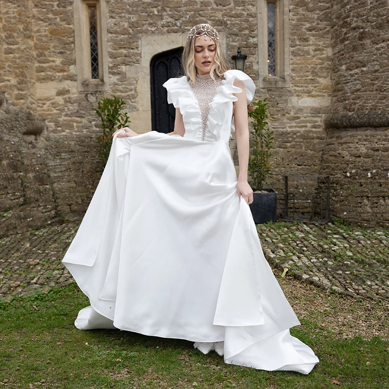 Eightree Elegant Satin A-Line Wedding Dresses High Neck Sleeveless Pearls Bridal Dress Women Wedding Ball Prom Gowns Customized