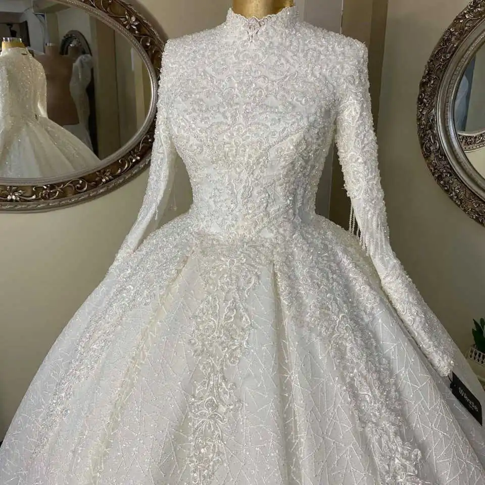 Luxury Ball Gown Wedding Dress With Sparkling Sequins Pearls Appliques Princess Bride Wedding Dress Customized Vestidos De Novia