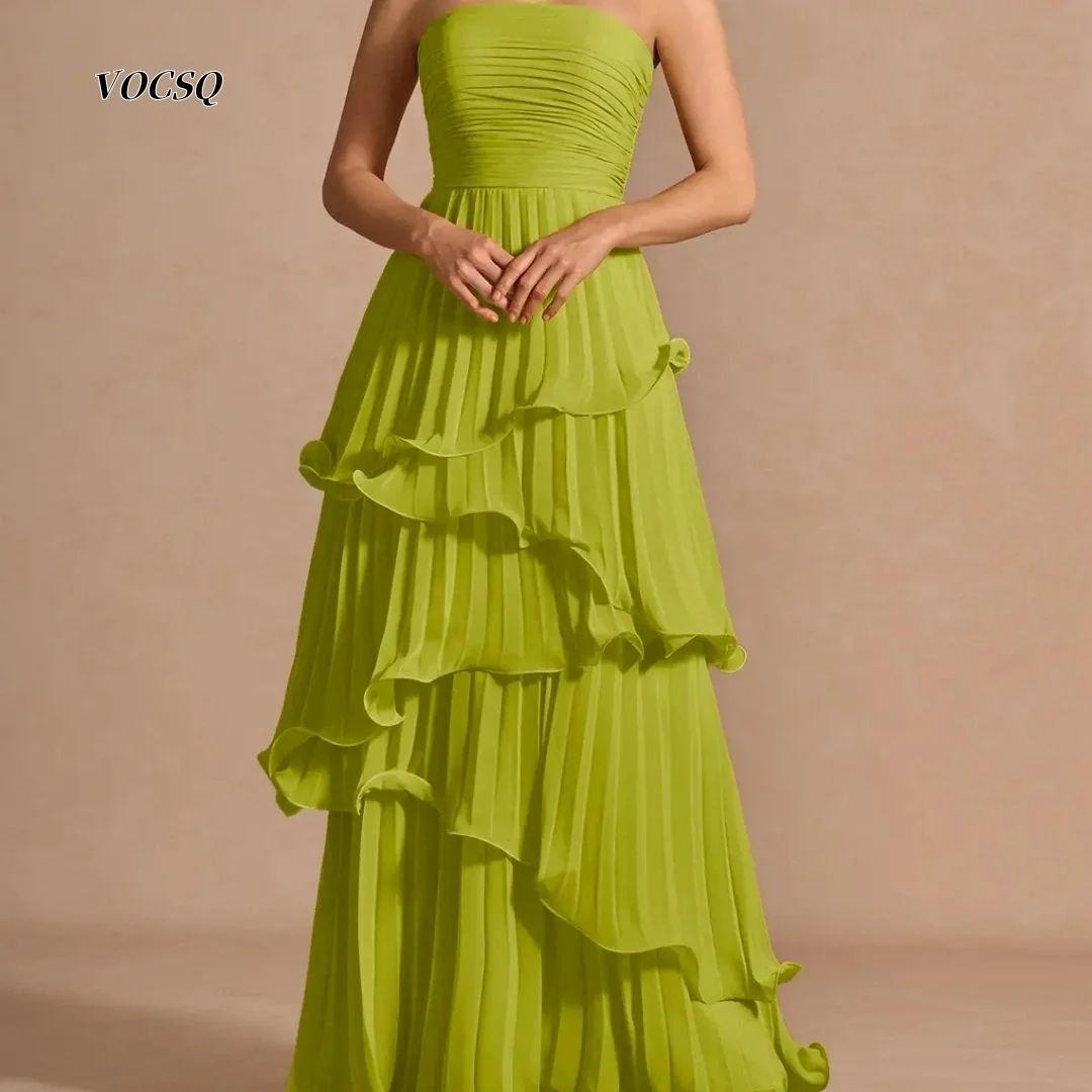 Prom Dresses Green Strapless Prom Gown Pleated Bodice Tiered Ruffle Chiffon A-Line Dress for Women Formal Occasions Customized