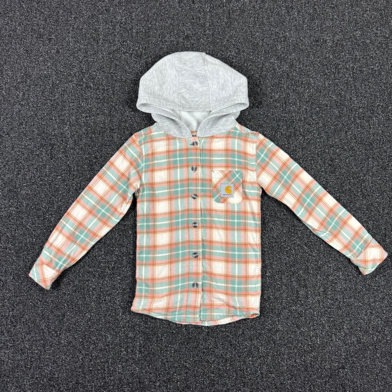 Carhartt Shirts & Tops | Carhartt Plaid Hooded Flannel Shirt Kids Size 5 Green Orange Good | Color: Green/Orange | Size: 5b
