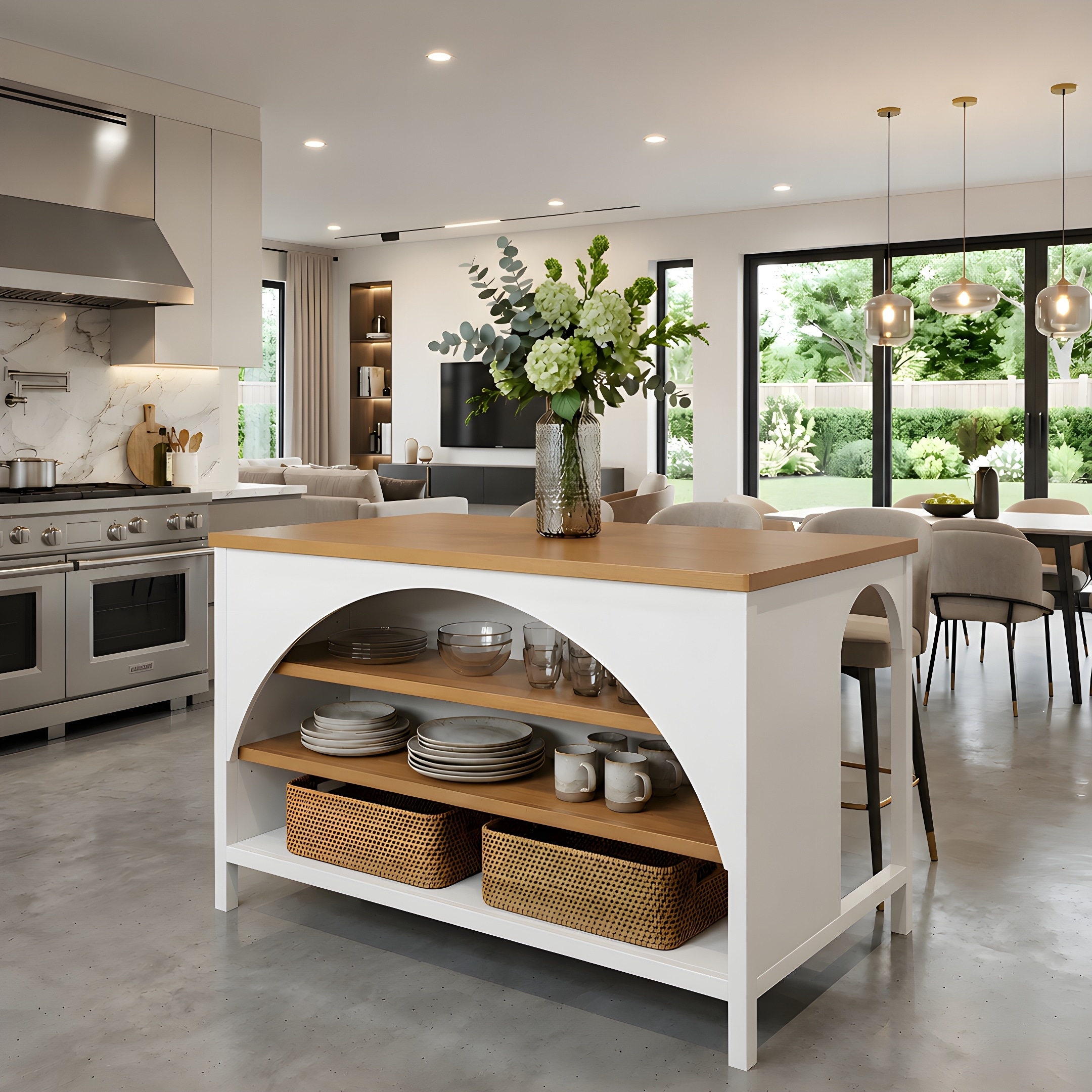 56" Farmhouse Kitchen Island with Open Storage, Rubber Wood Kitchen Cart with Arch Detail and Natural Top