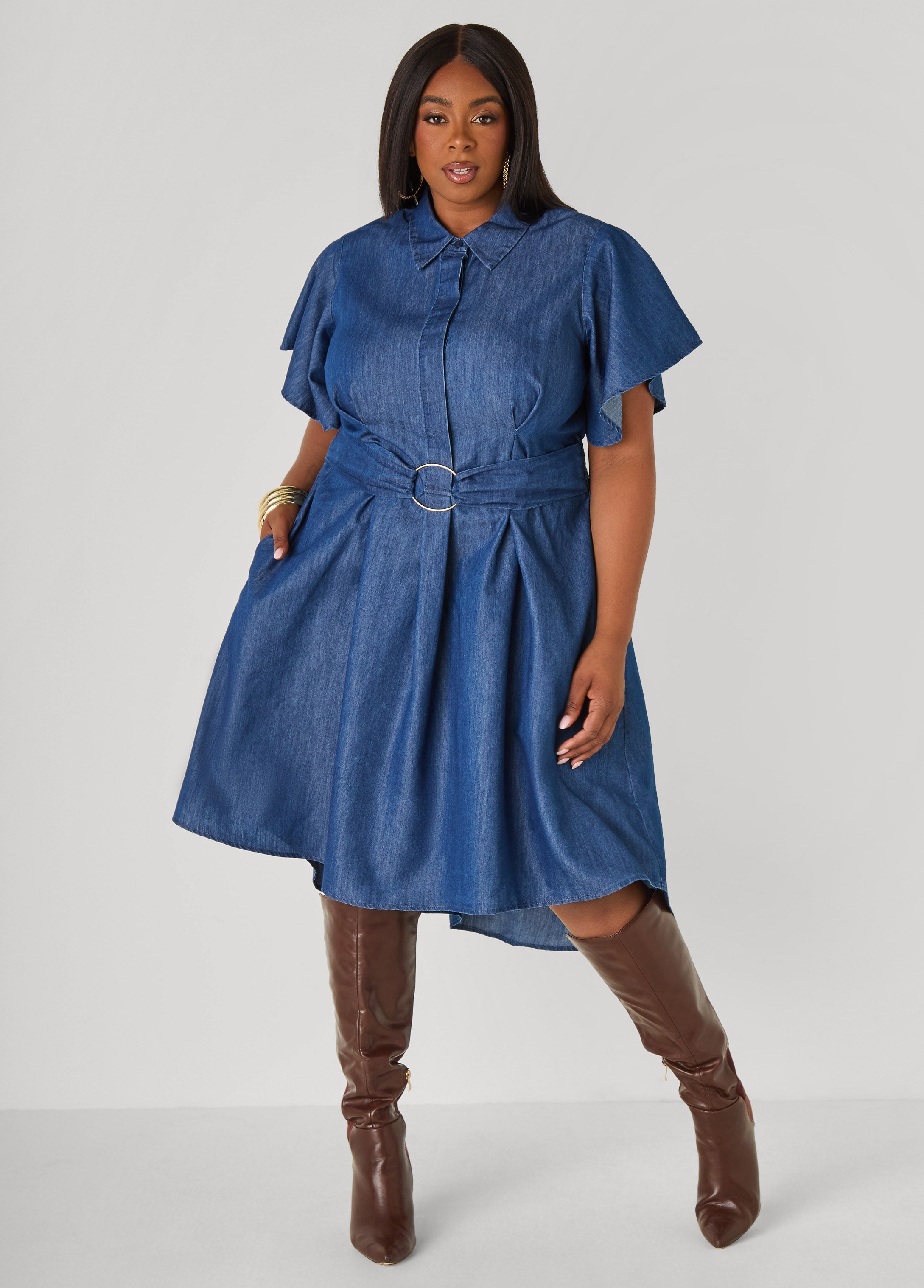 Plus Size Belted Chambray Hi Low Dress - Ashley Stewart