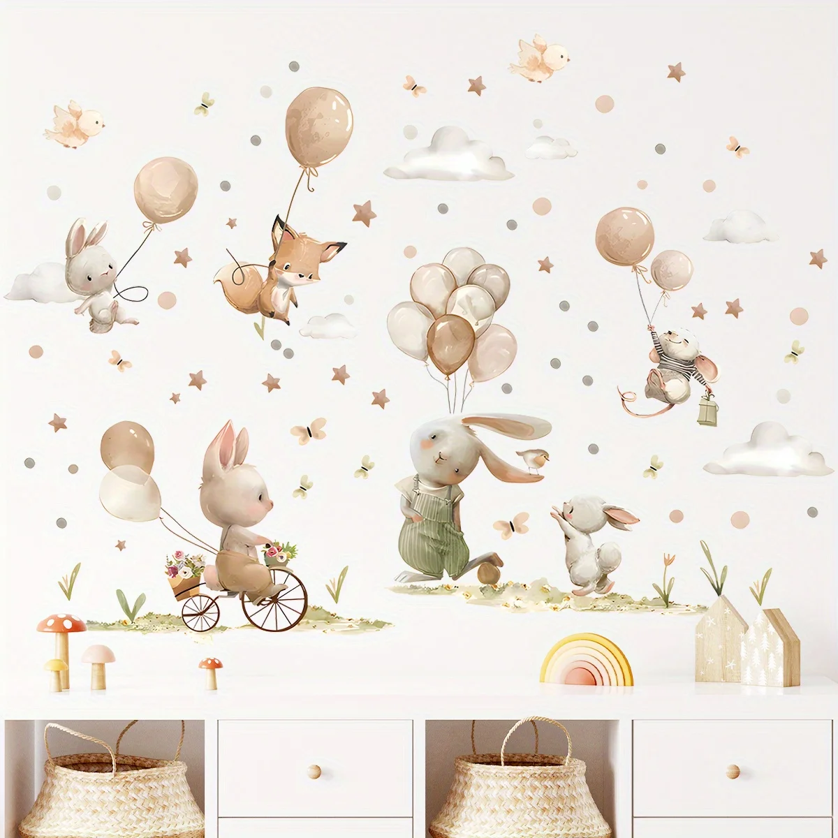 2 Stück Cartoon Kaninchen Fuchs Ballon Wandaufkleber für Kinderzimmer Kinderzimmer Dekor Schlafzimmer Wohnzimmer Dekoration Wandtattoos