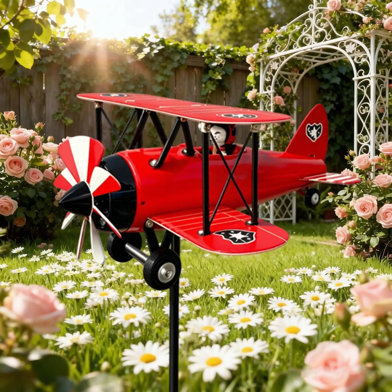 Aeroplane Weathervane Deco Outdoor Metal Airplane Wind Vane Biplane Garden Wind Spinner Garden Windmill With Rotating Blades