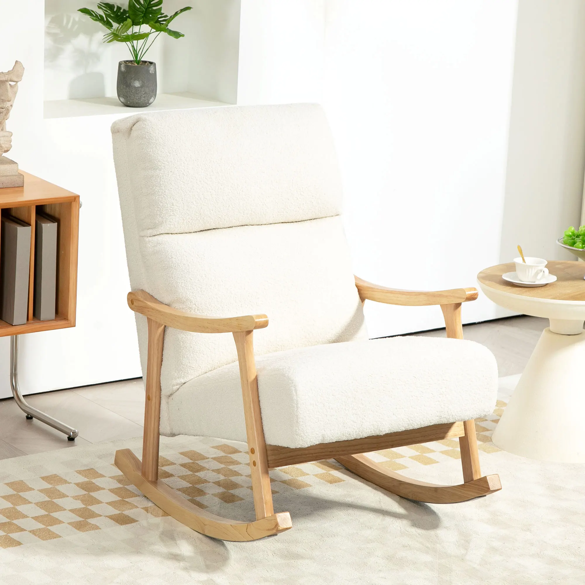 HOMCOM Schaukelstuhl, Schaukelsessel mit Rückenlehne, Holzkufen, Sessel, Relaxsessel mit Teddysamt-Optik, Schwingsessel, Relaxstuhl für Wohnzimmer, Schlafzimmer, Balkon, Cremeweiß