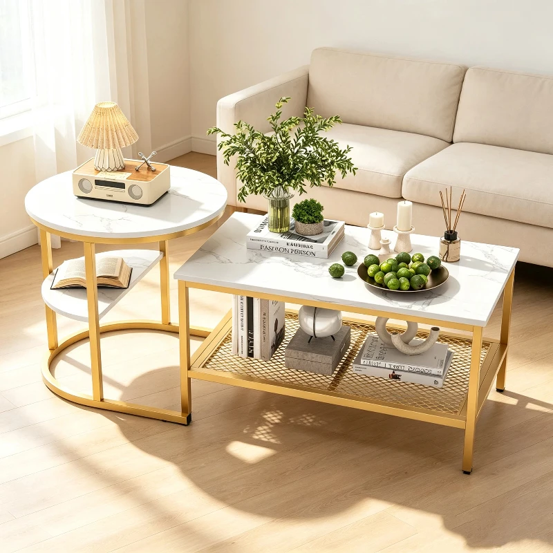 Rosahqnda Moderner Luxus-Beistelltisch, Goldener Metallrahmen mit integriertem Ablagefach, Mehrzweck-Tee- und Kaffeetisch für das Wohnzimmer, Gold- und Schwarz-Dekor-Finish.