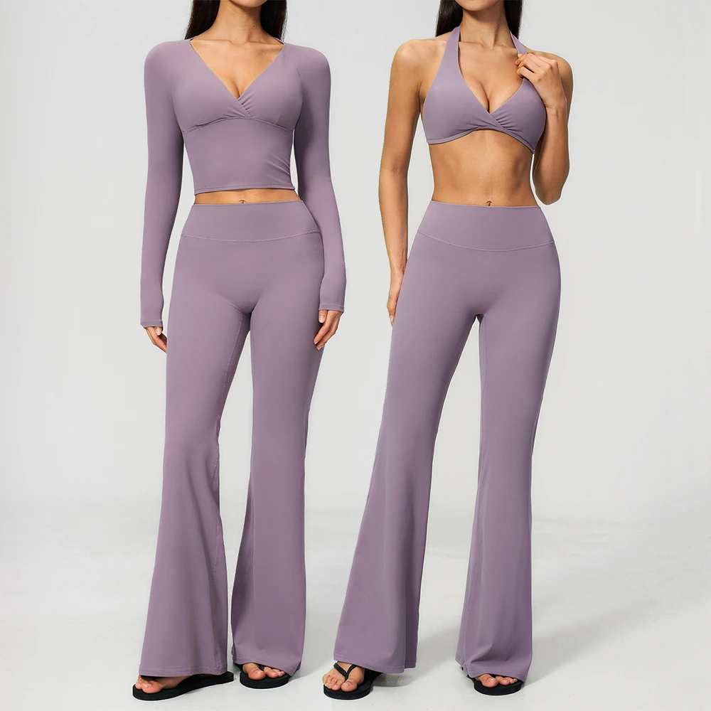 Ensemble de yoga pour femmes 2 pièces, vêtements de sport, tenue de sport, vêtements de gym, legging, soutien-gorge de fitness, haut court, manches longues, ensembles de sport