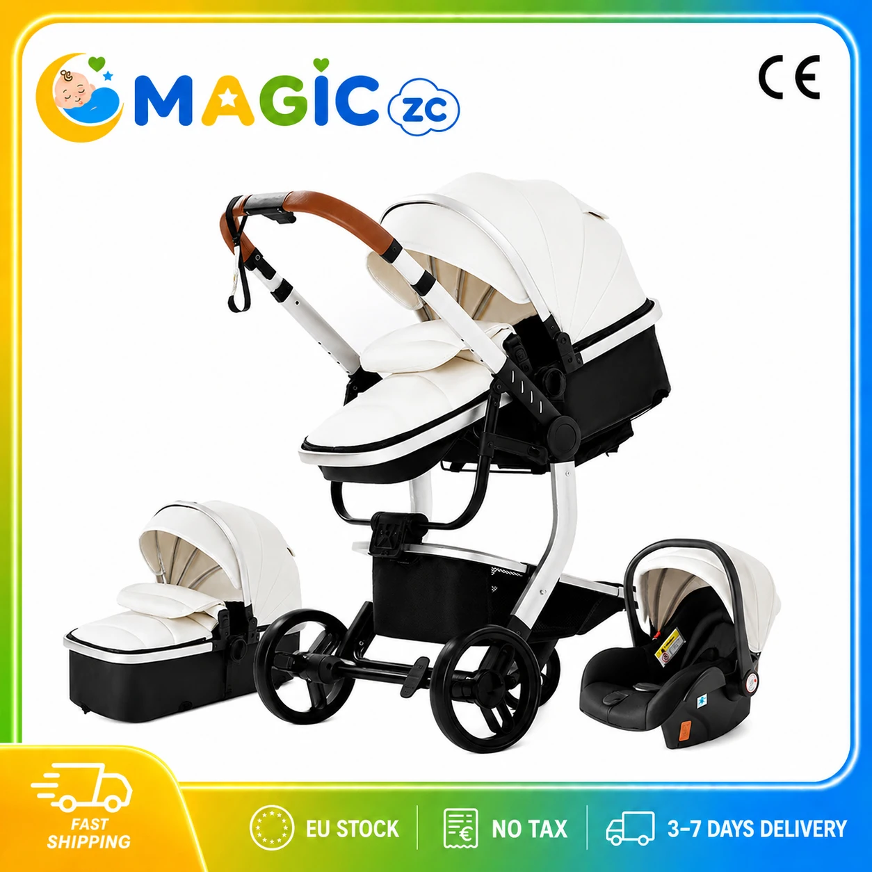 Luxuriöses 3-in-1-Baby-Reisesystem mit Autositz, hochwertigem, umkehrbarem, klappbarem Kinderwagen, PU-Leder-Verdeck, Fußabdeckung, Griff, Aluminiumrahmen, EVA-Rädern, Babywanne, Premium-Neugeborenen-Kinderwagen für Kleinkinder bis 20 kg.