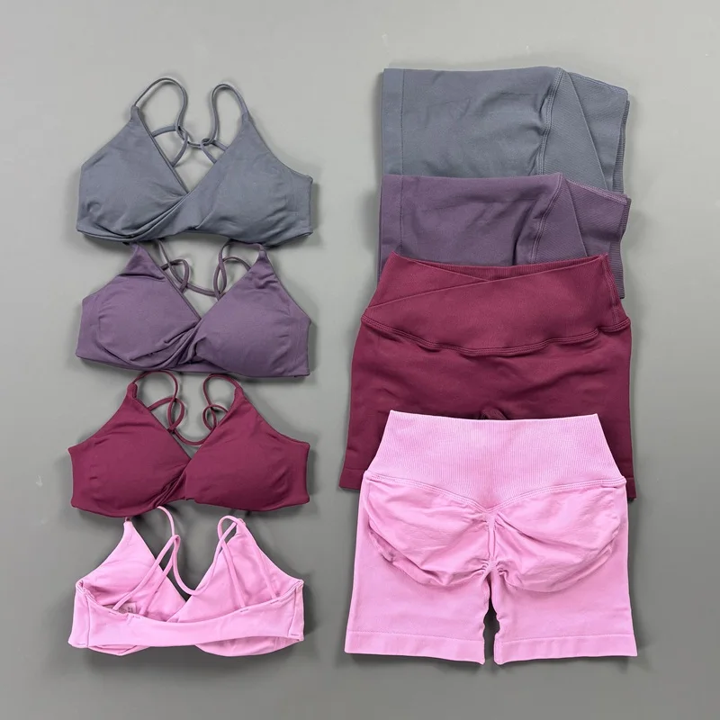 Ensemble de shorts de yoga sans coutures HISTELLO Vision, ensemble de pantalons de yoga, soutien-gorge de sport Vision Twist Front, dos nu, vêtements de sport pour la salle de sport