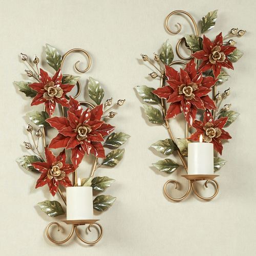 Poinsettia Wall Sconces Red Set of Two, Set of Two, Red