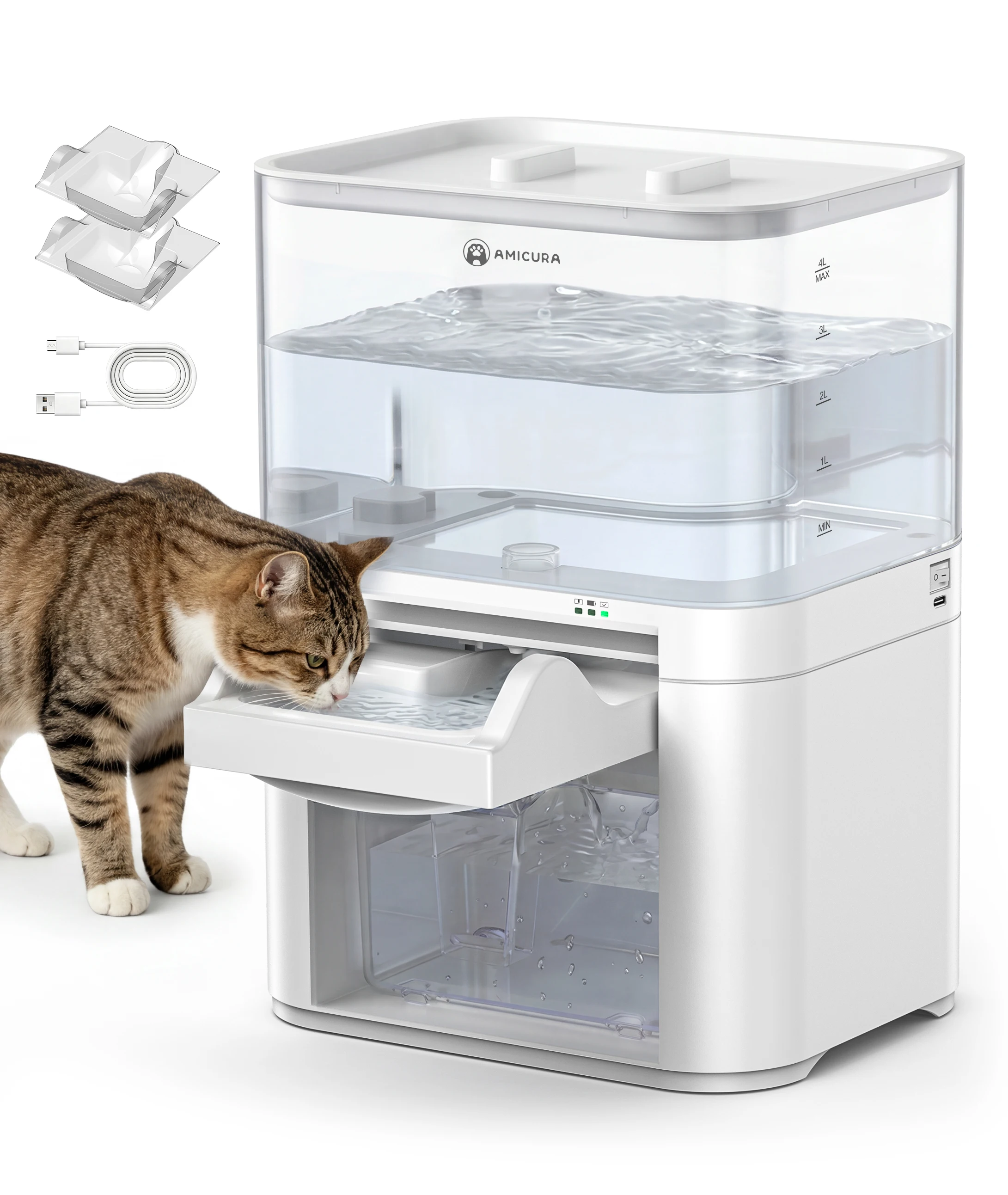 Amicura A10 4L Intelligenter Haustier-Wasserspender Automatischer Kabelloser Wassertrinker Katzen- und Hundetrinkbrunnen Geräuschloser Wasserspender