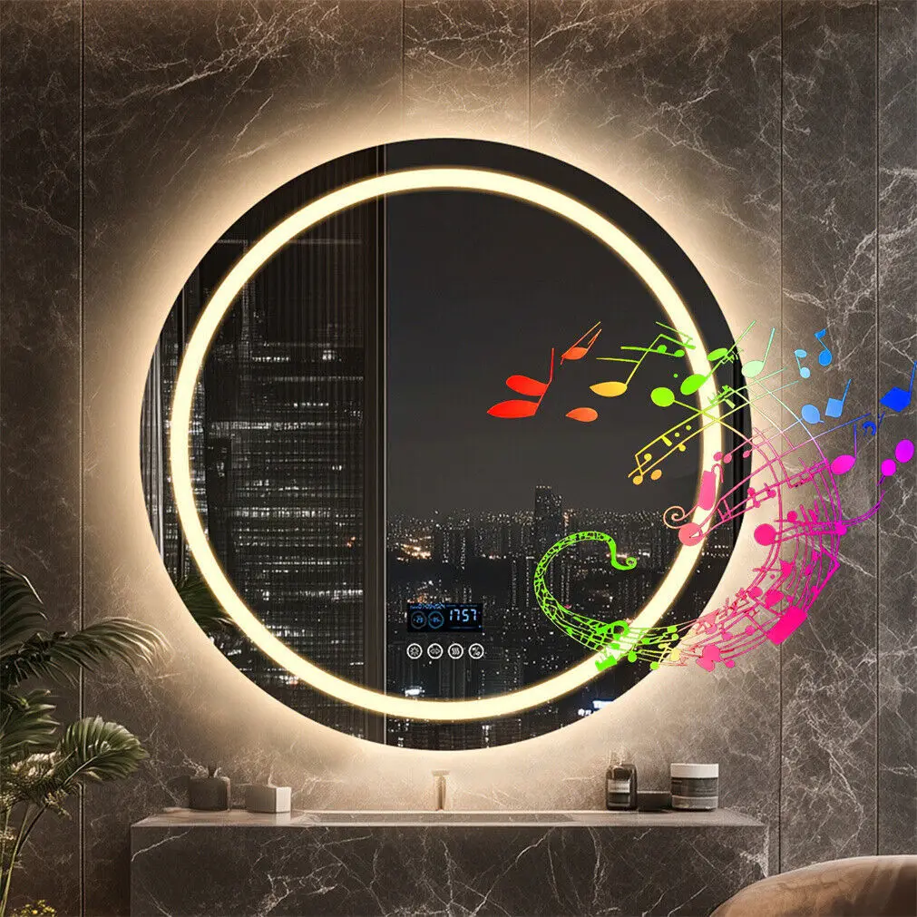 LED-Badezimmerspiegel, 800 mm, runder Wandspiegel, Bluetooth-Farbe, dimmbar, vorne + Hintergrundbeleuchtung, Antibeschlag, Speicherzeit, Temperaturanzeige