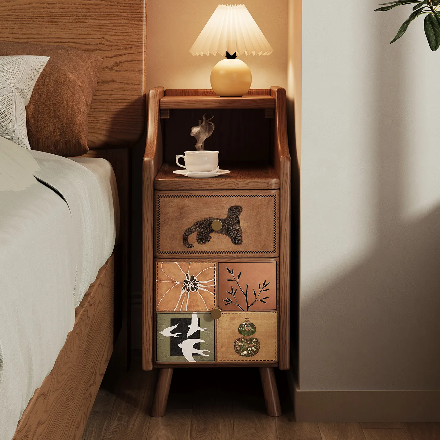 Artemoòn Nachttisch aus Massivholz, Walnuss, schmaler Nachttisch, kleiner Beistelltisch, antiker Stil, schmaler Schlitz-Nachttisch