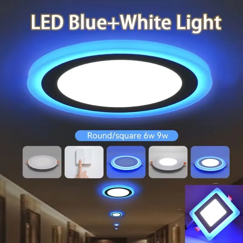 Moderne Deckenleuchte, zweifarbig, Downlight-Spot-Licht für Heimdekoration, Wohnzimmer, Badezimmer, Beleuchtung, LED-Blau + Weiß, Panel-Licht