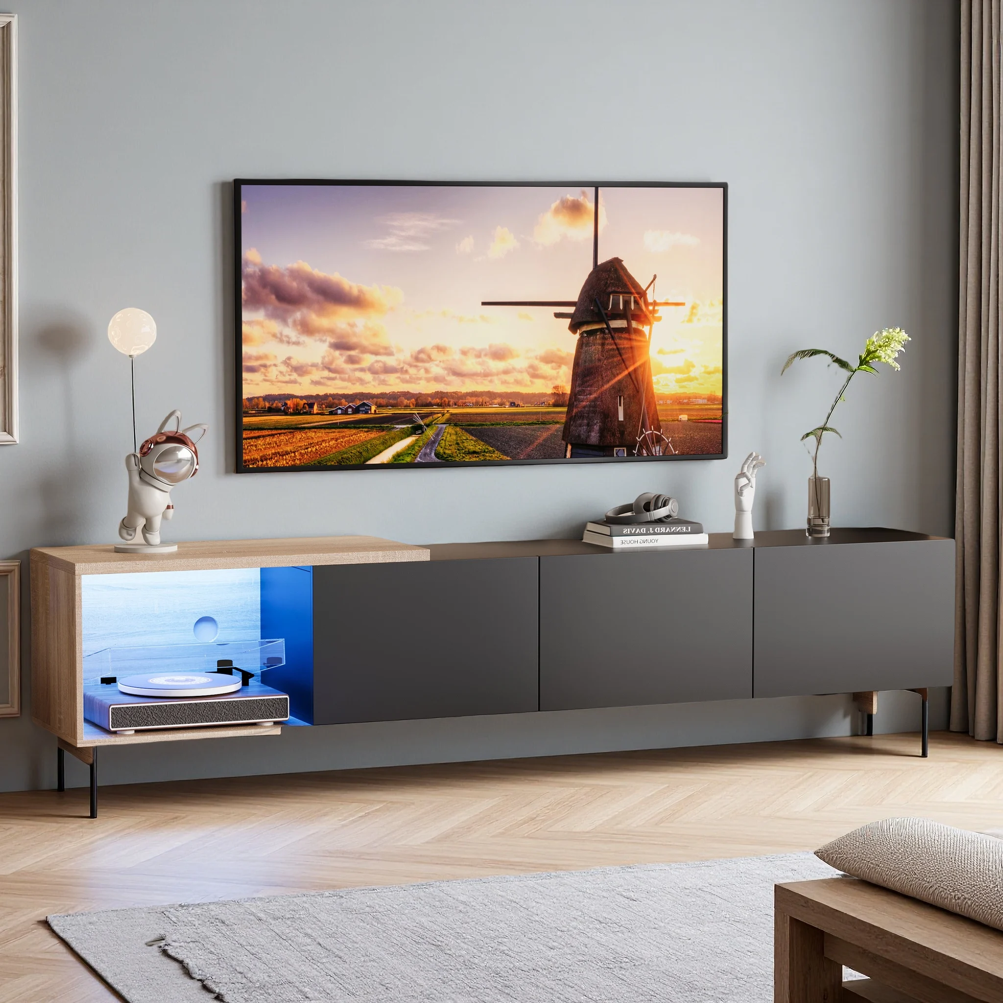 180 cm TV-Schrank Modern, Hochglanz TV-Schrank für Wohnzimmer, TV-Lowboard, Schublade, für Schlafzimmer, Wohnzimmer, Wohnmöbel, 240x38x44 cm, Schwarz