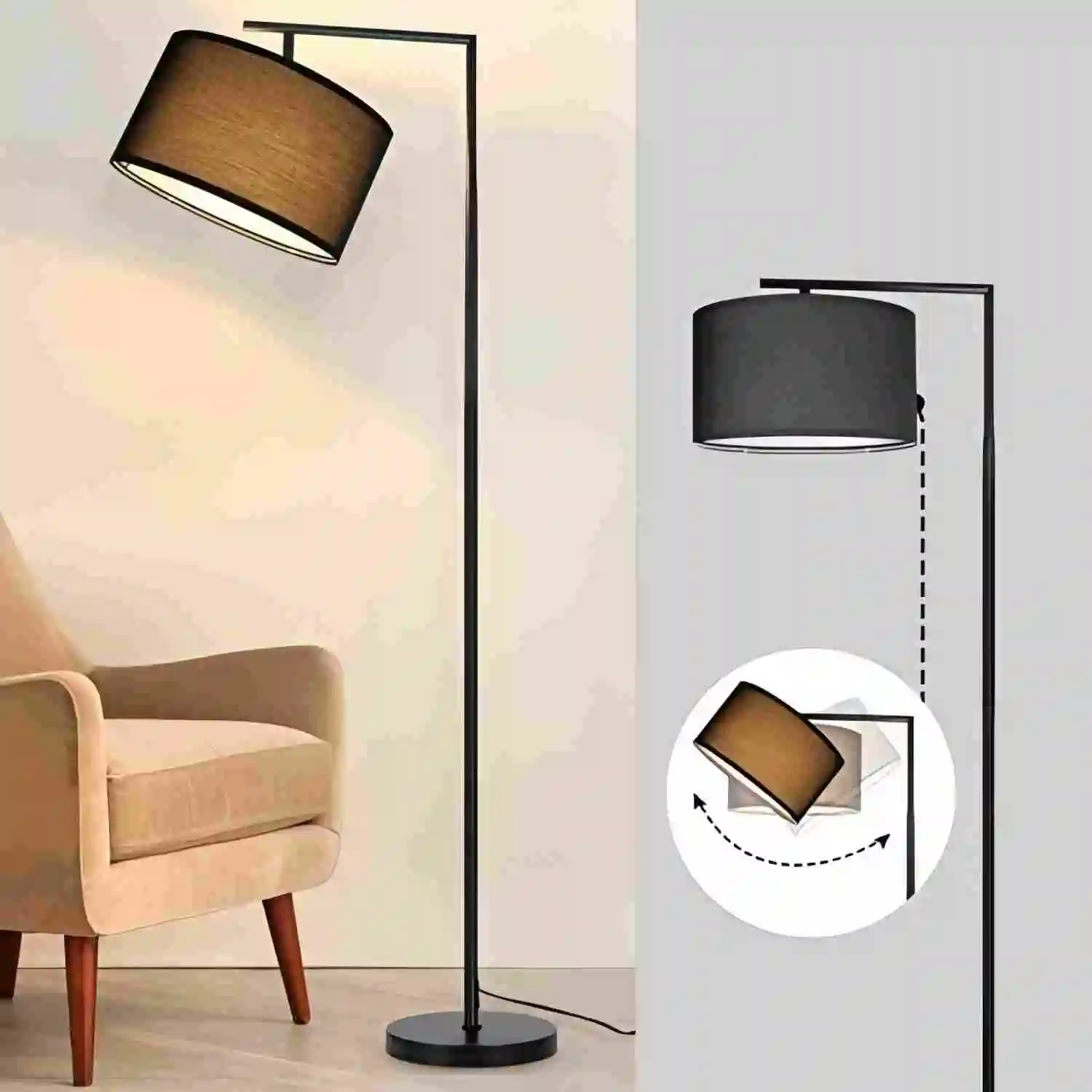 Stehlampe Wohnzimmer Stehleuchte Stoff - Schwarz 166cm Stoffschirm Standleuchte Vintage Design Bogenlampe E27 Fassung mit Fußschalter Retro Standlampe für Schlafzimmer/Ohne Leuchtmittel