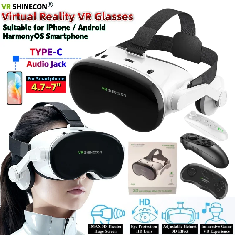 G18E Virtual Reality VR-Brille, riesiger Bildschirm, 3D-Brille, HD-Stereo-VR-Headset-Helm für 4,7–7 Zoll große Telefone, unterstützt Spiel-Joystick