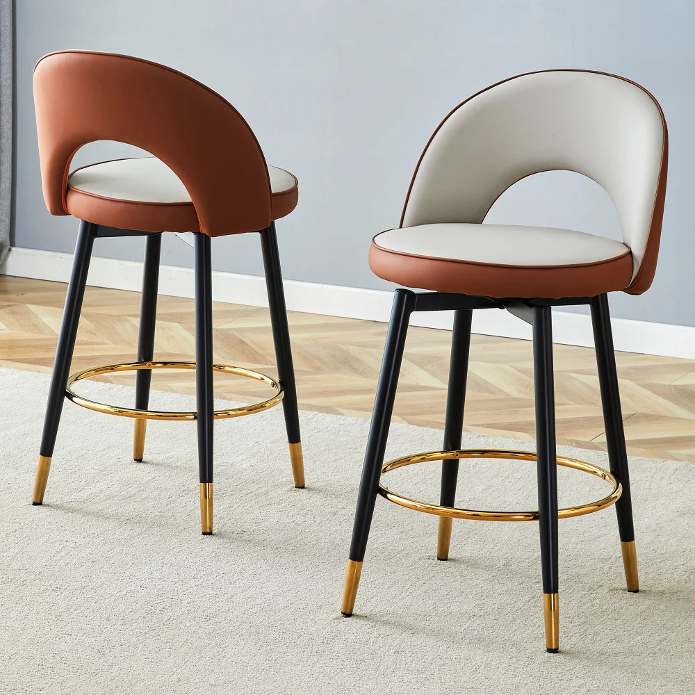2er-Pack 360-Grad-drehbare Barhocker mit hohler Rückenlehne, zweifarbigem Braun-Weiß-PU-Leder, schwarzen Metallbeinen mit Goldspitze, Gesamthöhe 92 cm, Sitzhöhe 63,5 cm, Theken-Barstühle für Küche, Bar, Wohnmöbel
