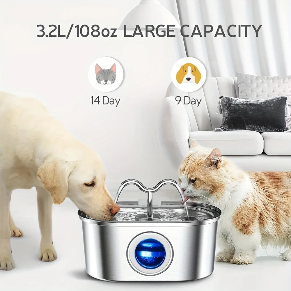 3,2L Edelstahl Haustier-Wasserspender Automatischer Katzenbrunnen Intelligenter Hunde-Wasserspender mit Sichtfenster Trinknapf Haustierzubehör