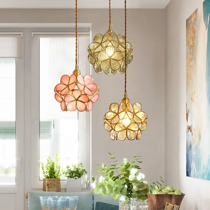 Nordic LED Blume Kupfer Anhänger Lampe Tiffany Glas Küche Schlafzimmer Esszimmer Wohnzimmer Hause Beleuchtung Hotel Hänge Leuchte