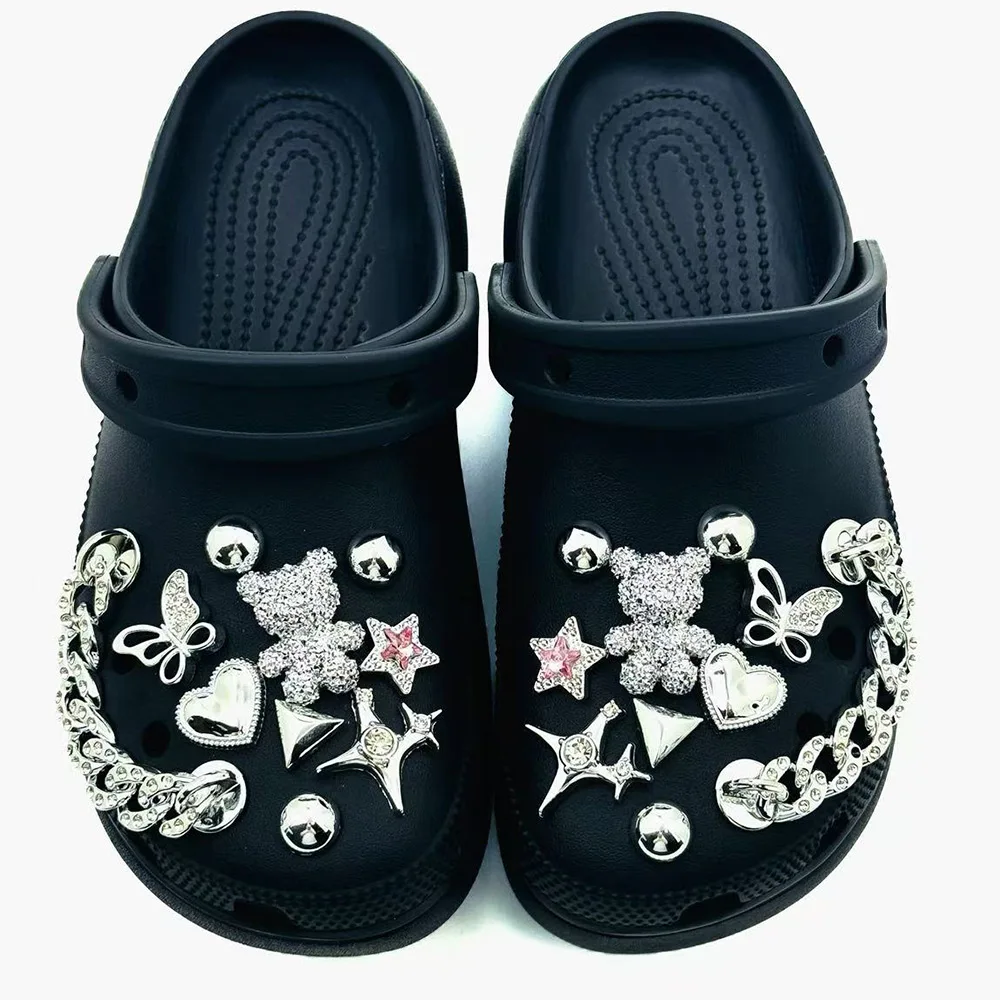 20PCS Schuh Charms Set Zubehör für Sandalen Clogs Schuh Schnalle Silber Bär Kette Diamant Stern DIY Pins Schuhe Dekorationen geschenk