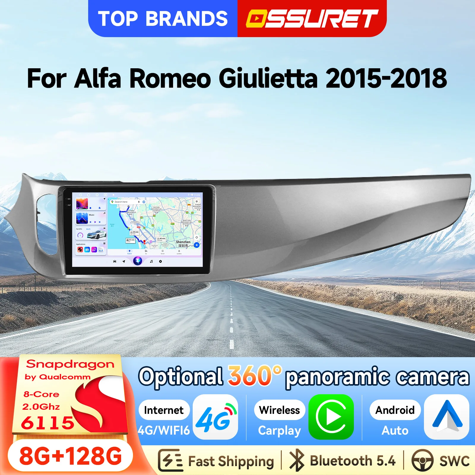OSSURET 9 Zoll Android 15 Autoradio GPS-Navigation für Alfa Romeo Giulietta 2015-2018 mit Snapdragon 6115, geteilter Bildschirm-Navigation, 8-Kern, optionaler Wireless Carplay und Android Auto, 360-Grad-Panoramakamera, RDS, DSP, KI, 4G WIFI,...