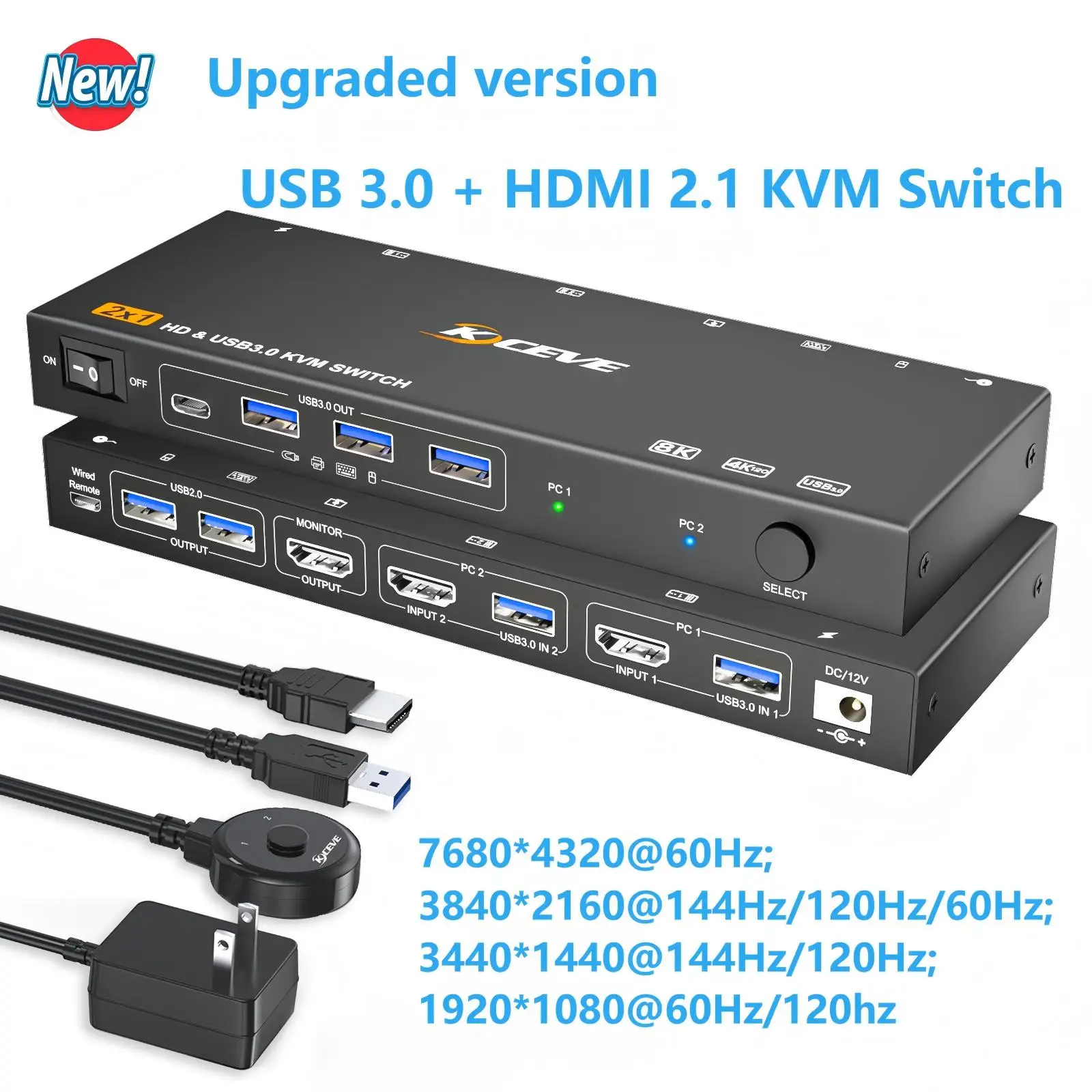USB 3.0 KVM-Switch 2 Port 8K@60Hz 4K@120Hz,KCEVE 8K HDMI KVM-Switch für 2 Computer Share 1 Monitor 6 USB-Geräte,HDCP 2.3,HDR 10
