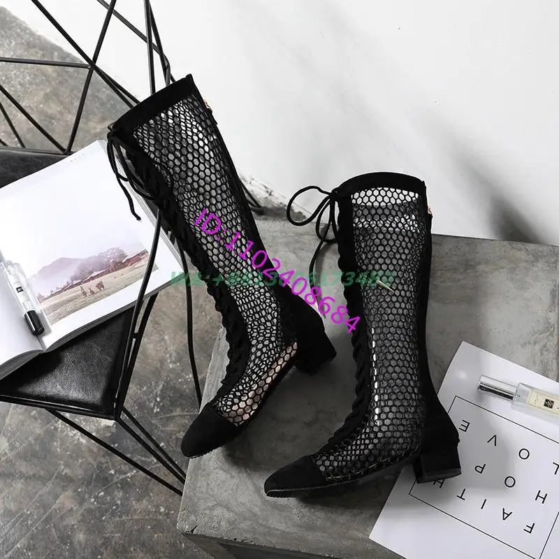 Sexy Lady Sommer Mesh Lace Up Stiefel Design Marke Frauen Zurück Zipper Block Ferse Lace Up Mesh Stiefel Plus Größe 40