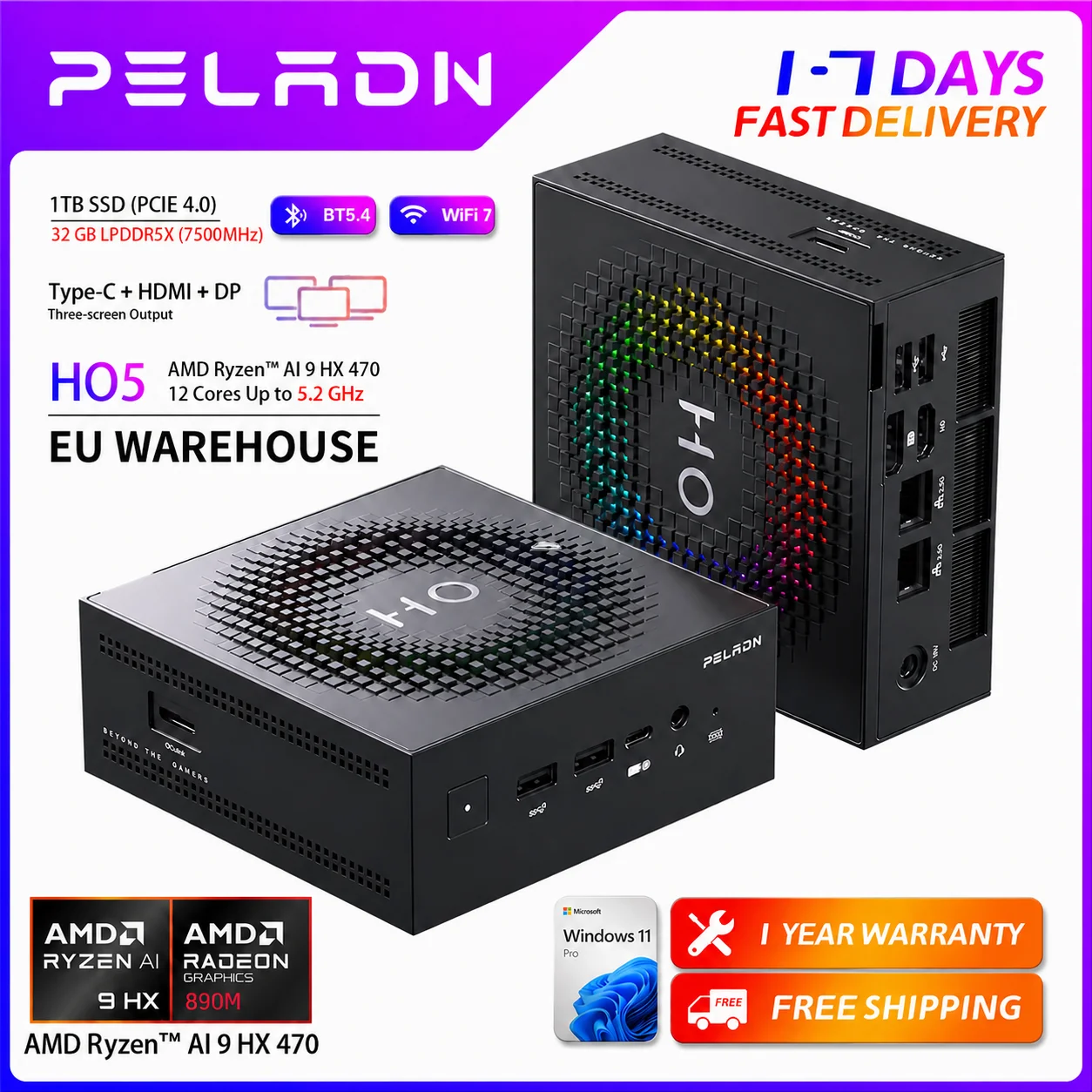 Peladn HO5 AI Mini-PC AMD Ryzen ™ AI 9 HX 470 (12 Kerne bis zu 5,2 GHz) 32GB DDR5 1TB SSD 80TOPs Rechenleistung Unterstützt QCulink-Port WIFI 7 BT 5.4 Mit Dreifach-Bildschirm-Anzeige Windows 11 Pro Computer