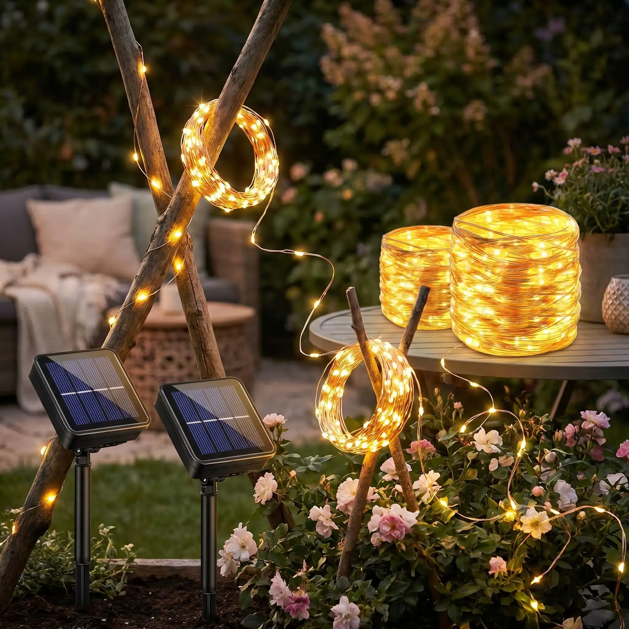 2x17m (34m) Solar Lichterkette Außen, 150 LED Warmweiß, 8 Leuchtmodi, IP65 Wasserdicht, Kupferdraht, Solarbetrieben – Für Garten, Balkon, Terrasse, Weihnachten, Hochzeit