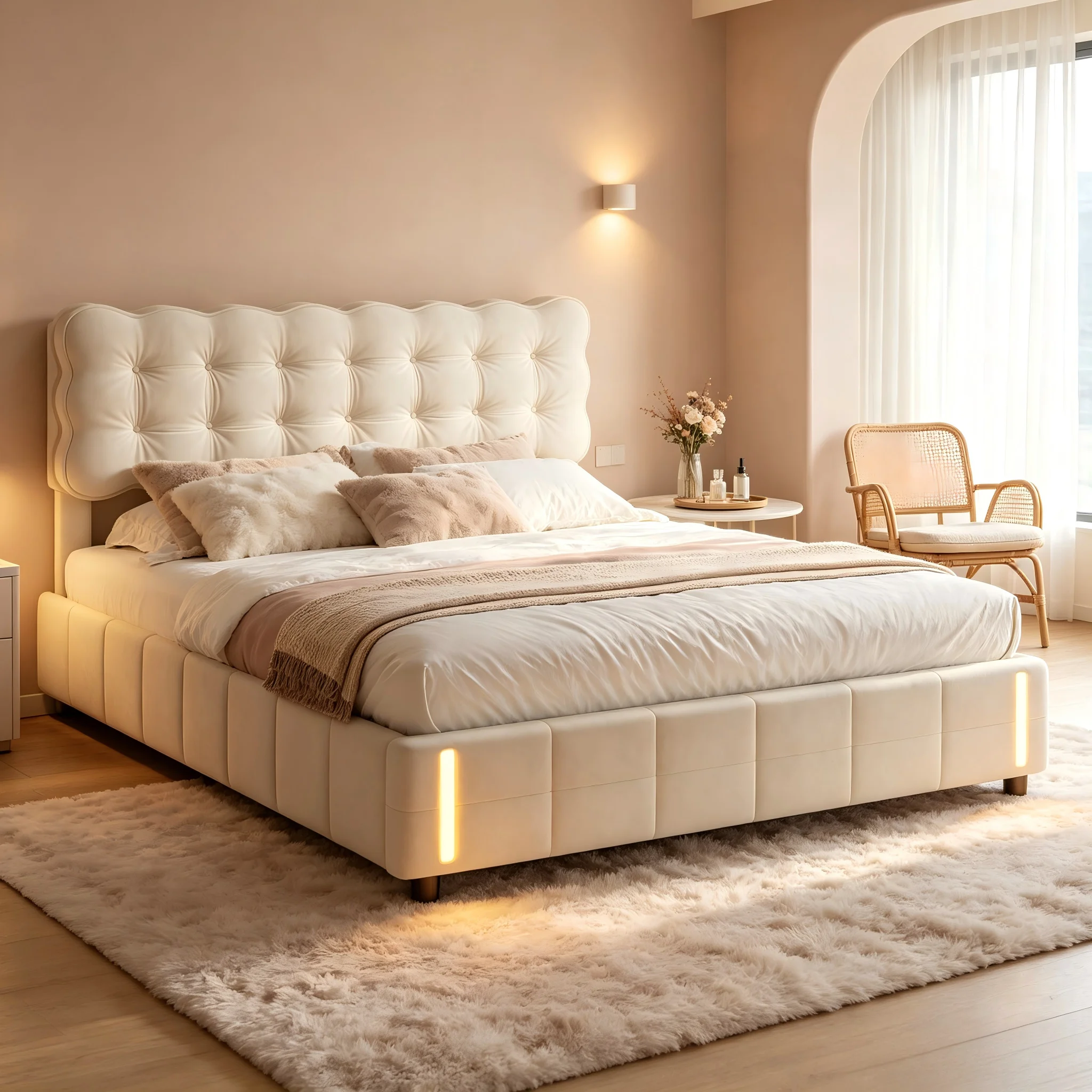 Rosahqnda Ottoman-Bettgestell aus beigem Samt, 140 x 190/140 x 200/160 x 200 cm, gepolstertes Bett mit Gaslift-Stauraum und LED-Fußbrettbeleuchtung, modernes Doppelbett für Schlafzimmer, Erwachsene und Teenager-Mädchen, ohne Matratze